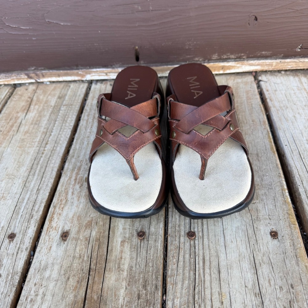 Vintage MIA Platform Wedge Sandals Brown Leather Strappy Thong Sz 7 Brazil Y2K - Picture 3 of 8